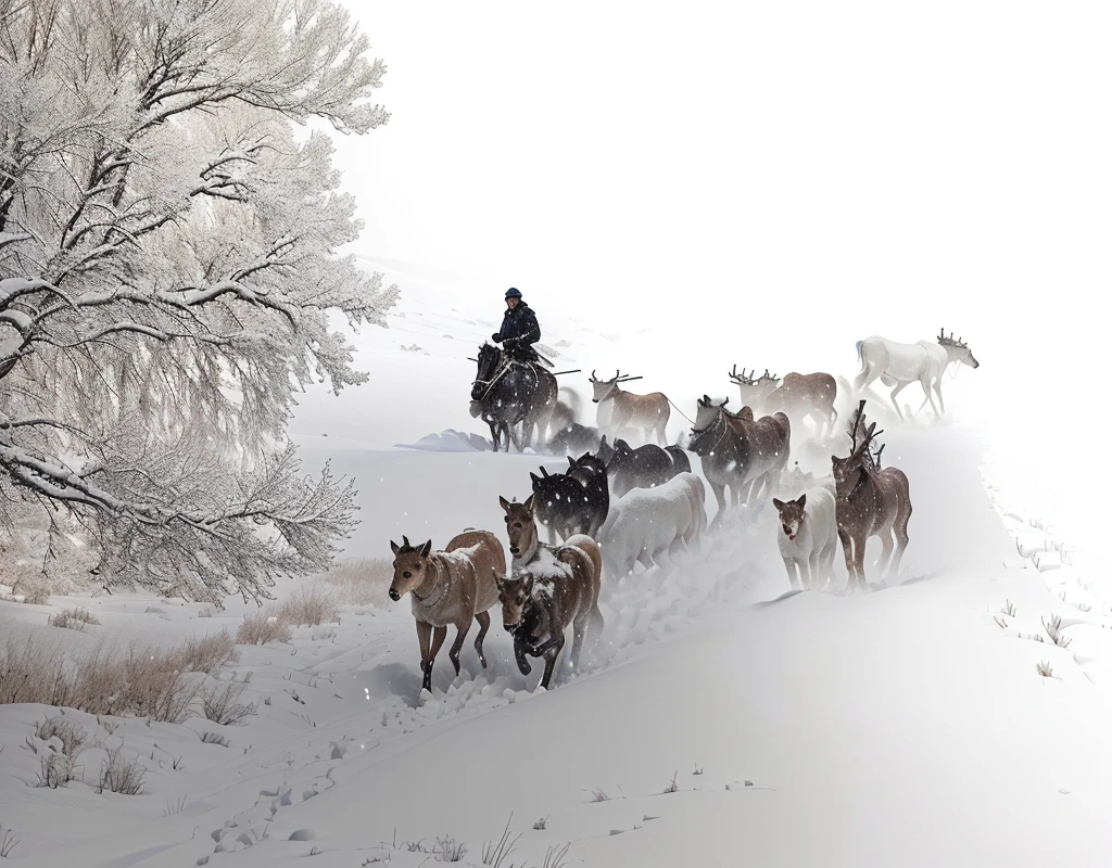 A group of deer and dogs are running through the snow,Next to him is a man on horseback, snowstorm, B&W Photo, author:Marie Bashkirtseff, By Cheng Jiasui, author:Mirko Lucchi, Antonio Rota, author:Mirabello Cavalori, A single file, author:Jerzy Wasta, by Lucia Peca, author:Jim Nelson