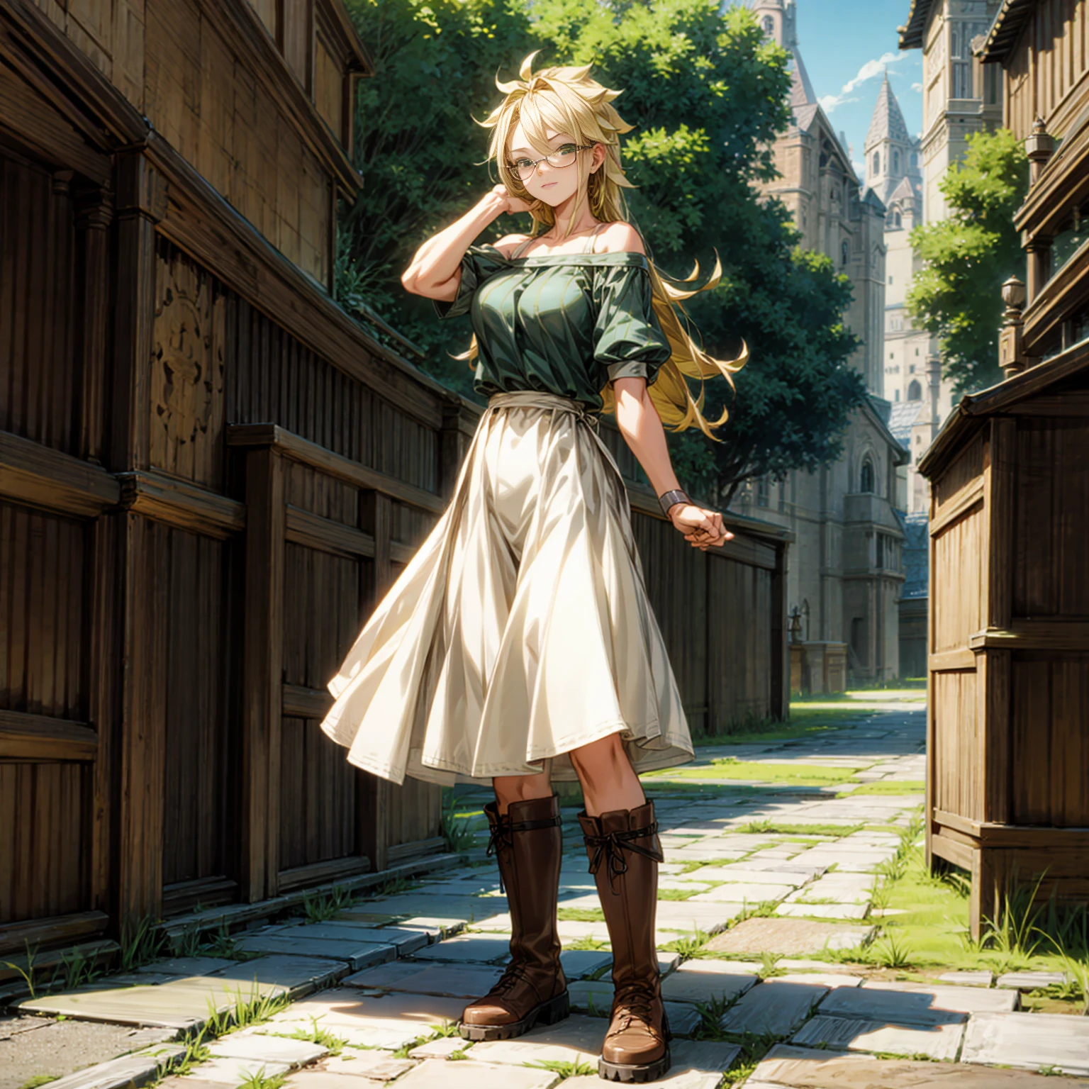 Solo character, full body version, young girl, muscle, green eyes, blonde color hair, long hair, casual clothing, bare shoulder clothing, boots, outdoor, town, medieval, morning, standing gesture, detailed background, detailed clothing, detailed hair, happy eyes, (food wars style art), (dragon ball style art), glasses, big breast 