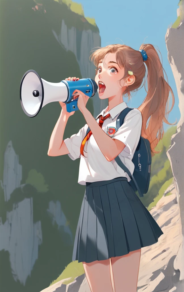 Please create an illustration of a beautiful girl holding a loudspeaker and screaming cutely. Sweat. Very hot . Summer .Her hair color is white. Her eye color is blue. Her hair style is ponytail . She is wearing a school uniform. She's on the cliff . She has one foot in front of the other. 