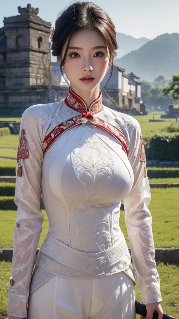 (1 female)), ((16K)), Mature Woman, (((Attractive Asian Model:1.0))),((Beautiful Asian Model))、(((Ao Dai)))、(((Vietnamese national costume)))、(((Toned body))),(((Big Breasts))),(((Big Breasts))), ((8k, Highest quality:1.2))、((masterpiece)), High resolution, (Skin Texture:1.1), Highest quality, 超High resolution, (Realistic: 1.4), RAW Photos,((Perfect Face))、Age 35, Toned body, Black Hair,A well-trained body、 (Red and white outfit)、((The background is the field)),(((The background is farmland))), ((Warrior with a sword)), masterpiece, ((Ultra HD)), Insane Details, Realistic, Detailed face, 詳細なSkin Texture, Blurred Background, (( Wearing a breastplate)), (((Big Breasts))), (Ancient fantasy soldiers),(Ancient soldier armor),Combat Accessories,vision, Perfect Face, Delicate eyes, Voluminous lips, Big eyes, ((Long trousers))、(((Armor with intricate patterns))