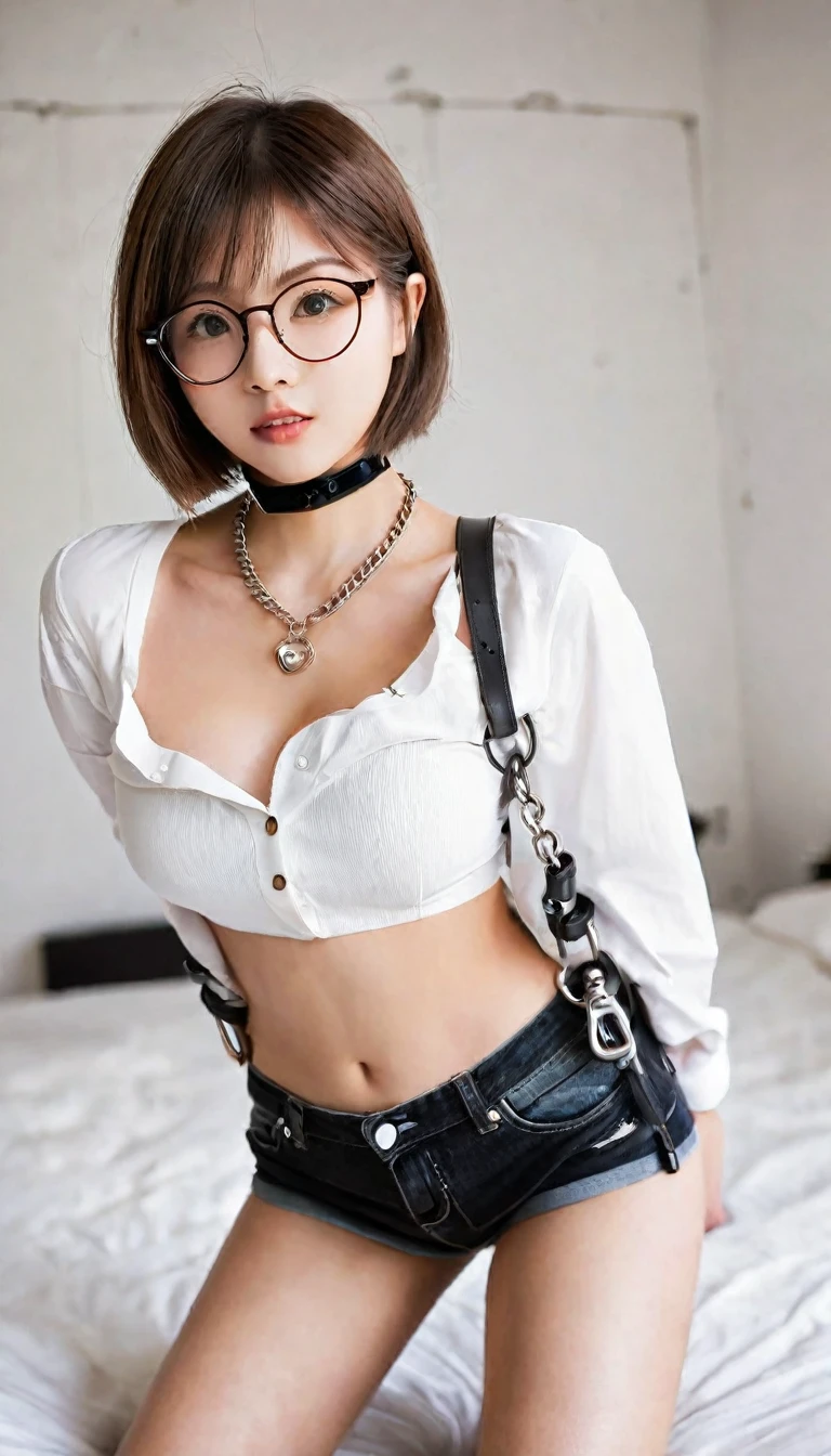score_9, score_8_up, score_7_up, score_6_up, score_5_up, score_4_up, tomboy, solo, japanese model, beauty, (((cute beauty))), (((cute))), (((adorable))), (very short hair, pixie cut, brown hair), circle-glasses, (((cute girl, ))) perfect female body, Big eyes, Attractive eyes, Small Nose, Glossy pink lips, big breasts, cleavage, toned stomach, b、eautiful limbs, white Shirt, black bra top, Distressed jeans short pants, She is standing next to the bed, the viewer is holding her on a leash, The chains are held by the viewer off-screen., The lock is attached to the collar., leather collar, padlock, leather leash, submissive, Ecstatic expression, Sweat, Photo realistic:1.5, Realistic Face:1.5, Realistic eyes:1.5, Realistic skin:1.6, Perfect Face:1.2, Perfect Eyes:1.4, Perfect body, textured skin, anatomically correct, high details, high quality