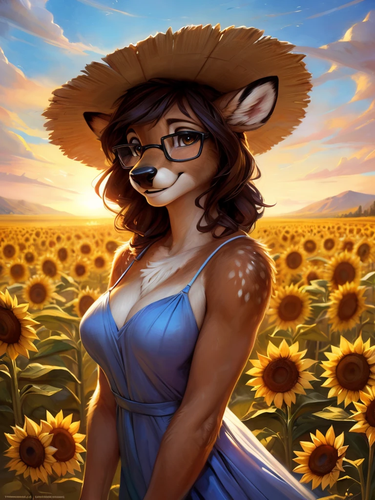 uploaded on e621, artstation, by Pixelsketcher, by Bayard Wu, by Thomas Benjamin Kennington , by Einshelm, by hioshiru and kenket, Chunie, portrait, solo anthro female deer doe, with small featureless breasts, clear dark blue, cinematic lighting, day, sunny day, sunflower field, stands in a high sunflower field, sunflower field background, sunflowers, mediterranean background, horizon background, shiny, chin short curly dark brown hair, wears big black nerd glasses, very very beautiful furry art, furry art, smiling, joyful, shiny, happy, feminine, cute face, muzzle, fluffy chest, flawless face, Fallow deer, 1girl, Sakimichan is beautiful, Masterpiece, Wavethesallow Face, shiny, Detailed image, portrait, Detailed image, portrait, full body, wears pure white and wide spaghetti straps dress, wears big and wide beige summer straw hat, shiny, realistic face, perfect anatomy, hourglass body, (furry body:1.1), anthropomorphic deer, detailed background, (cute anatomy:1.1)
