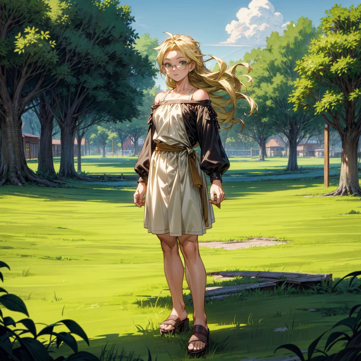 Solo character, full body version, ??? girl, muscle, green eyes, blonde color hair, long hair, casual clothing, bare shoulder clothing, sandals, outdoor, town, medieval, morning, standing gesture, detailed background, detailed clothing, detailed hair, happy eyes, (food wars style art), (dragon ball style art), glasses