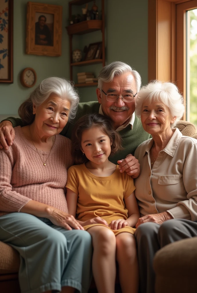 One women his husband and daughter    and three old women sitting In   house 