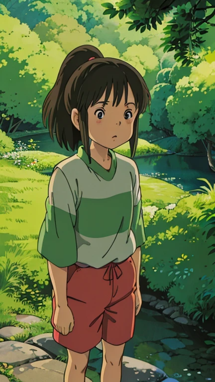 (1girl, ogino chihiro), (extremely detailed CG unit 8k wallpaper),(master part), (best quality), (ultra detail), (best illustration),(ghibli style), cowboy shot, (Sharp eyeliner, ombre, detailed eyes:1), old Japanese village, outdoors background, ,break , (GHIBLI_Background), upper body, ponytail, long arm shirt, red shorts,