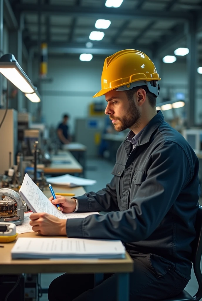 Electrical engineer 
Work clothes 
In a factory 
Desk
Series
Some paper
Euro pack
