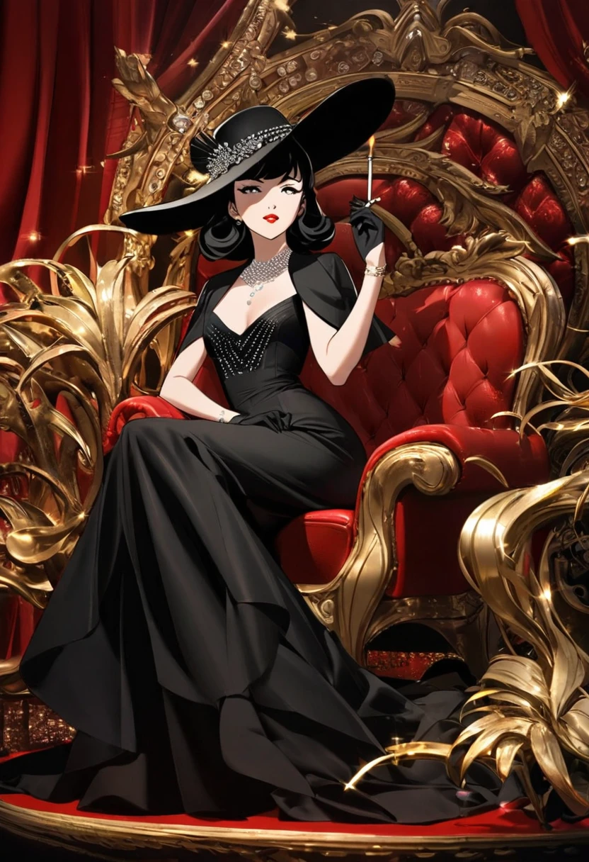 1 girl, she is wearing a black long dress that fits her figure in the style of the 60s, the dress shines like a thousand diamonds, the girl’s short black hair is styled in small waves in the style of Marilyn Monroe, the girl has a long cigarette in her hand, full body, confident look on her face, half-lidded eyes, and her hands are elegantly decorated with long translucent black gloves above the shoulders, on the girl’s head a black hat with a long rim, an atmosphere of luxury, red scarlet lips, red furniture