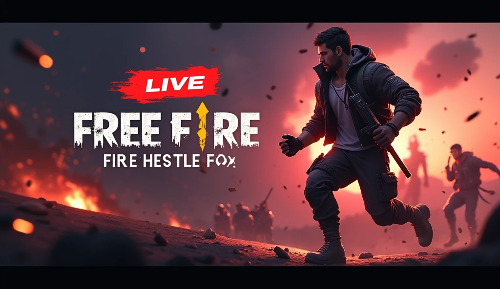 **Text Prompt:**
"Create a visually stunning YouTube thumbnail for a Free Fire gaming live stream. The thumbnail should have a 16:9 aspect ratio and be designed to grab attention immediately. Use the following elements:
1. **Background:** A dark, intense battleground scene with dramatic lighting. Incorporate elements like explosions, fire, or an epic sunset to enhance the atmosphere. The colors should be vibrant, with a focus on high-contrast tones such as deep reds, fiery oranges, and dark shadows to create depth and intensity.
2. **Main Character:** Place a popular Free Fire character (like Alok, Chrono) prominently in the center. The character should be depicted in an action pose, such as shooting, running, or celebrating a victory. Ensure the character is well-lit, with highlights that make them stand out against the background.
3. **Text:** Include the text 'PS 777 is LIVE NOW' in large, bold, uppercase letters. The font should be modern and easily readable, with a mix of white and red colors. Add a subtle shadow or glow effect around the text to make it pop against the background. The word 'PS 777' can be emphasized with a bright yellow circle or a glowing effect to draw attention.
4. **Additional Elements:** Consider adding smaller details like bullet shells, sparks, or debris flying around to create a sense of motion and energy. A small red 'LIVE' indicator or icon can be placed in the top corner to clearly show it's a live stream.
5. **Branding:** Include a small logo or watermark in one of the corners, ensuring it doesn't distract from the main content but still helps in building brand recognition.
6. **Color Scheme:** Stick to a cohesive color scheme that emphasizes the intensity and excitement of the game. Use high-contrast colors to make key elements stand out, like the character and text, against the darker background.
7. **Overall Composition:** The layout should be clean yet dynamic, with a clear focal point on the character and text. Ensure