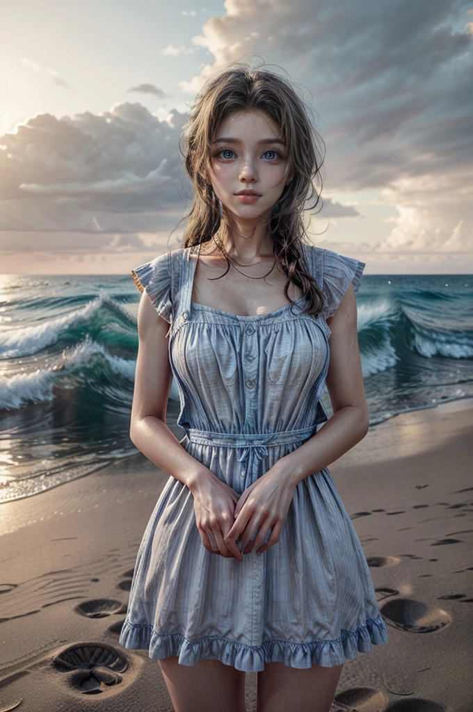 a beautiful woman with long brown hair, delicate facial features, and a serene expression standing on a sandy beach, wearing a white pinafore dress, waves crashing in the background, vibrant blue sky with wispy clouds, warm golden sun lighting the scene, highly detailed, photorealistic, 8k, cinematic lighting, atmospheric, intricate details