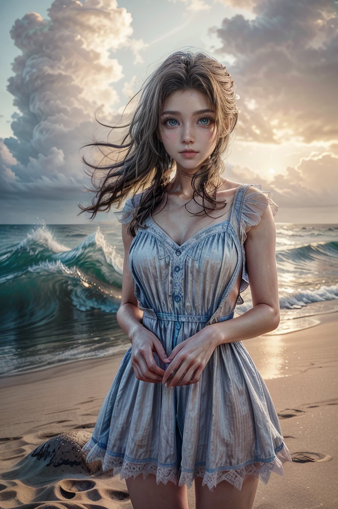 a beautiful woman with long brown hair, delicate facial features, and a serene expression standing on a sandy beach, wearing a white pinafore dress, waves crashing in the background, vibrant blue sky with wispy clouds, warm golden sun lighting the scene, highly detailed, photorealistic, 8k, cinematic lighting, atmospheric, intricate details