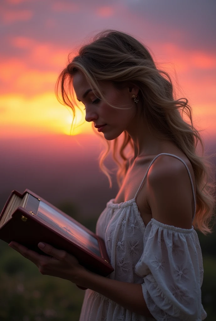 Nature photography album seen by beautiful girl not in focus in front of dawn sky