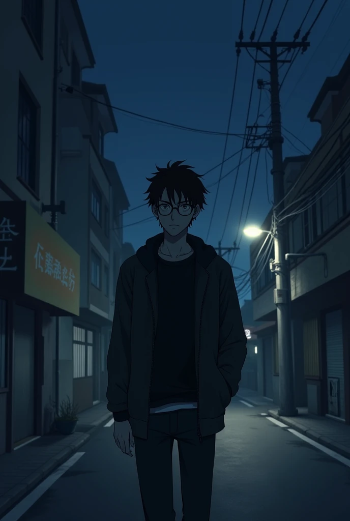 anime-style illustration of a young man wearing glasses and a jacket, walking down a street at night. The scene is set in a city with buildings and power lines in the background. The man appears to be lost in thought, and the overall mood of the image is one of loneliness and introspection. The use of dark colors and shadows creates a sense of mystery and intrigue. The image is well-composed and the details are well-executed.