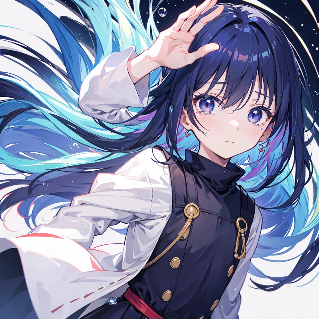Anime little boy waving goodbye while tears roll down eyes. Only show top half of body. Face facing towards camera. Zoom more towards face