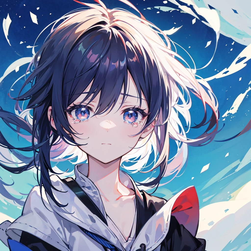 Anime waving goodbye while tears roll down eyes. Only show top half of body. Face facing towards camera. Zoom more towards face