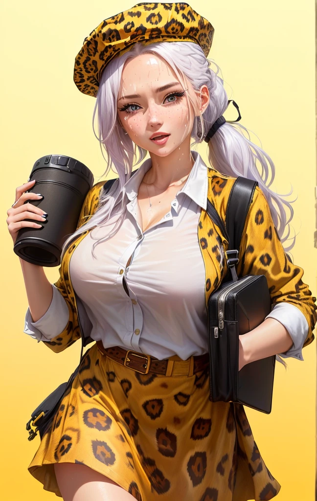 Close-up of a 40-year-old woman wearing a leopard print shirt and hat, Please create an illustration of a beautiful girl holding a loudspeaker and screaming cutely. Sweat. Very hot . Summer .Her hair color is white. Her eye color is blue. Her hair style is ponytail . She is wearing a school uniform. She's on the cliff . She has one foot in front of the other.