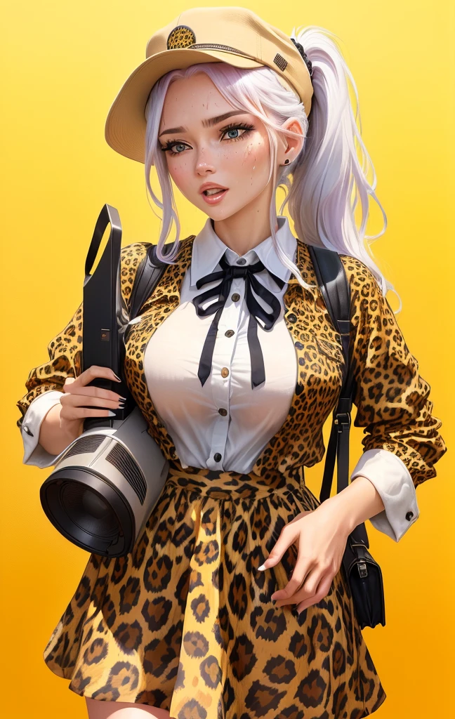 Close-up of a 40-year-old woman wearing a leopard print shirt and hat, Please create an illustration of a beautiful girl holding a loudspeaker and screaming cutely. Sweat. Very hot . Summer .Her hair color is white. Her eye color is blue. Her hair style is ponytail . She is wearing a school uniform. She's on the cliff . She has one foot in front of the other.