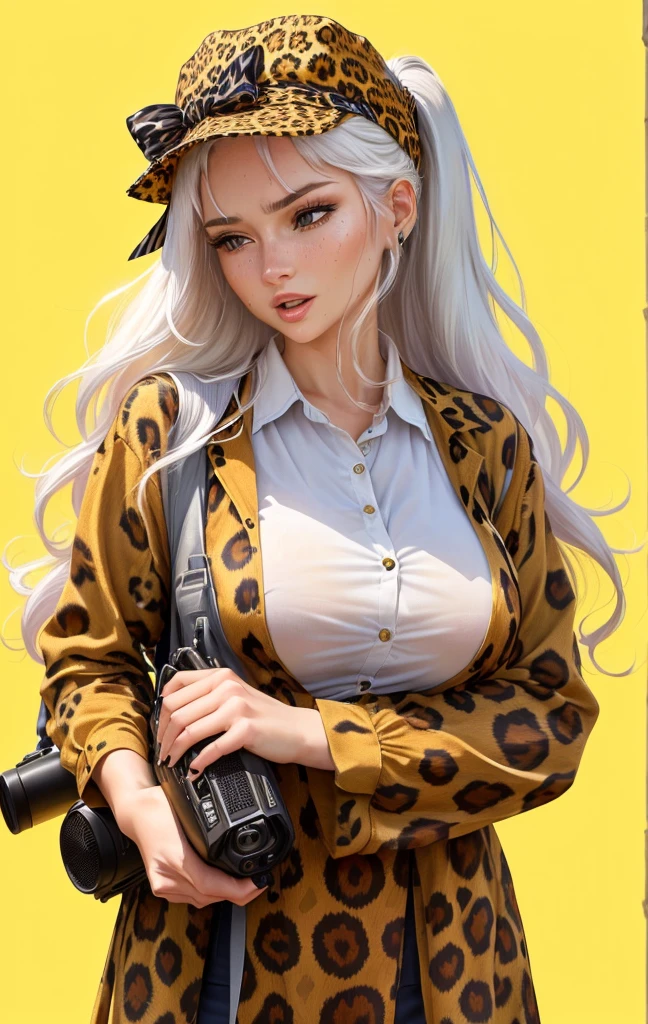 Close-up of a 40-year-old woman wearing a leopard print shirt and hat, Please create an illustration of a beautiful girl holding a loudspeaker and screaming cutely. Sweat. Very hot . Summer .Her hair color is white. Her eye color is blue. Her hair style is ponytail . She is wearing a school uniform. She's on the cliff . She has one foot in front of the other.