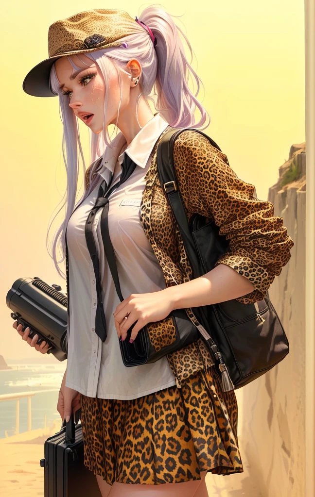 Close-up of a 40-year-old woman wearing a leopard print shirt and hat, Please create an illustration of a beautiful girl holding a loudspeaker and screaming cutely. Sweat. Very hot . Summer .Her hair color is white. Her eye color is blue. Her hair style is ponytail . She is wearing a school uniform. She's on the cliff . She has one foot in front of the other.