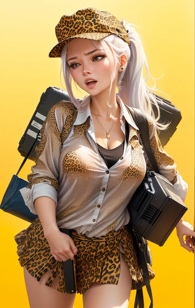 Close-up of a 40-year-old woman wearing a leopard print shirt and hat, Please create an illustration of a beautiful girl holding a loudspeaker and screaming cutely. Sweat. Very hot . Summer .Her hair color is white. Her eye color is blue. Her hair style is ponytail . She is wearing a school uniform. She's on the cliff . She has one foot in front of the other.