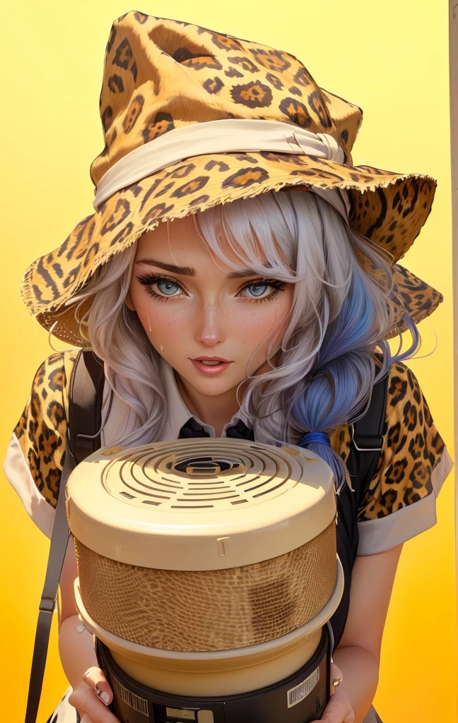 Close-up of a 40-year-old woman wearing a leopard print shirt and hat, Please create an illustration of a beautiful girl holding a loudspeaker and screaming cutely. Sweat. Very hot . Summer .Her hair color is white. Her eye color is blue. Her hair style is ponytail . She is wearing a school uniform. She's on the cliff . She has one foot in front of the other.