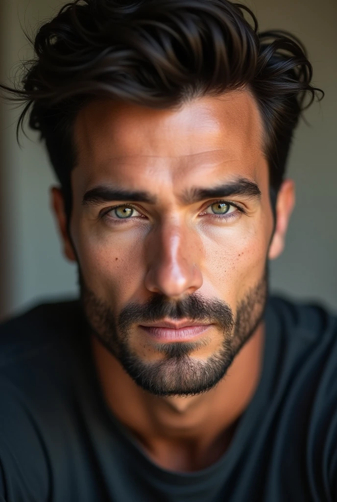 very handsome man  with deep eyes, thick brows, the photo was taken by a professional photographer using 70mm prime lens with 2 aperture, the photo is half body  the photo is crystal clear and focus on the man make it appear the photo is candid and natural