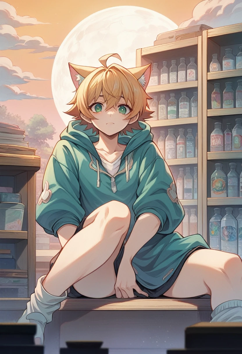 Anime cat-eared girl sitting on a shelf looking at the sky, anime drawings inspired by Makoto Shinkai, trending on pixiv, space art, Makoto Shinkai Cyril Roland, 4K anime wallpapers, anime art wallpaper 8 K, anime art wallpaper 4K, anime wallpaper 4K, anime wallpaper 4K, anime wallpaper 4K