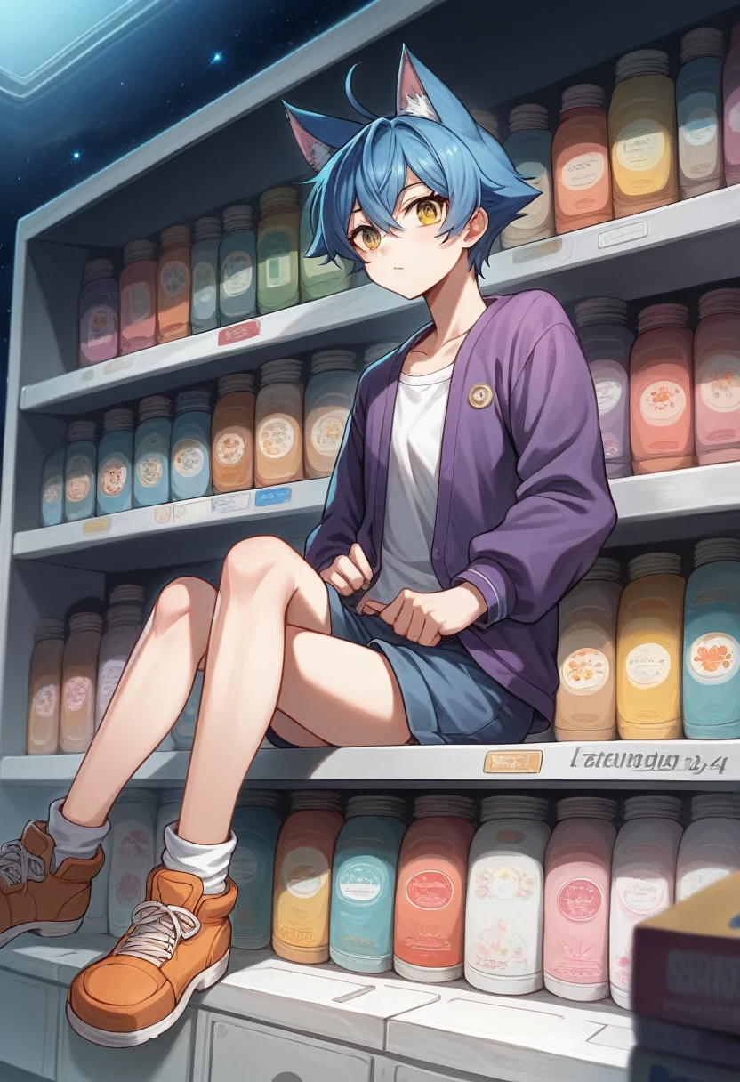 Anime cat-eared girl sitting on a shelf looking at the sky, anime drawings inspired by Makoto Shinkai, trending on pixiv, space art, Makoto Shinkai Cyril Roland, 4K anime wallpapers, anime art wallpaper 8 K, anime art wallpaper 4K, anime wallpaper 4K, anime wallpaper 4K, anime wallpaper 4K