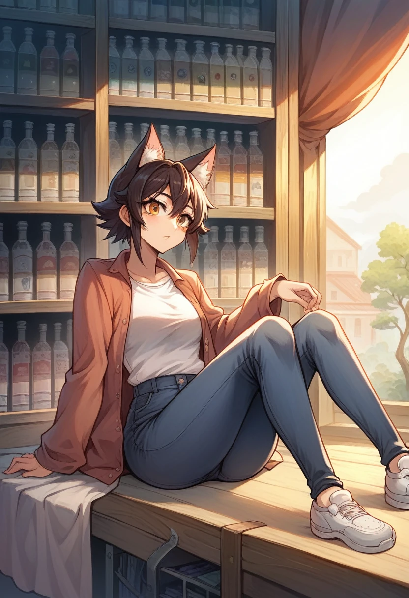 Anime cat-eared girl sitting on a shelf looking at the sky, anime drawings inspired by Makoto Shinkai, trending on pixiv, space art, Makoto Shinkai Cyril Roland, 4K anime wallpapers, anime art wallpaper 8 K, anime art wallpaper 4K, anime wallpaper 4K, anime wallpaper 4K, anime wallpaper 4K