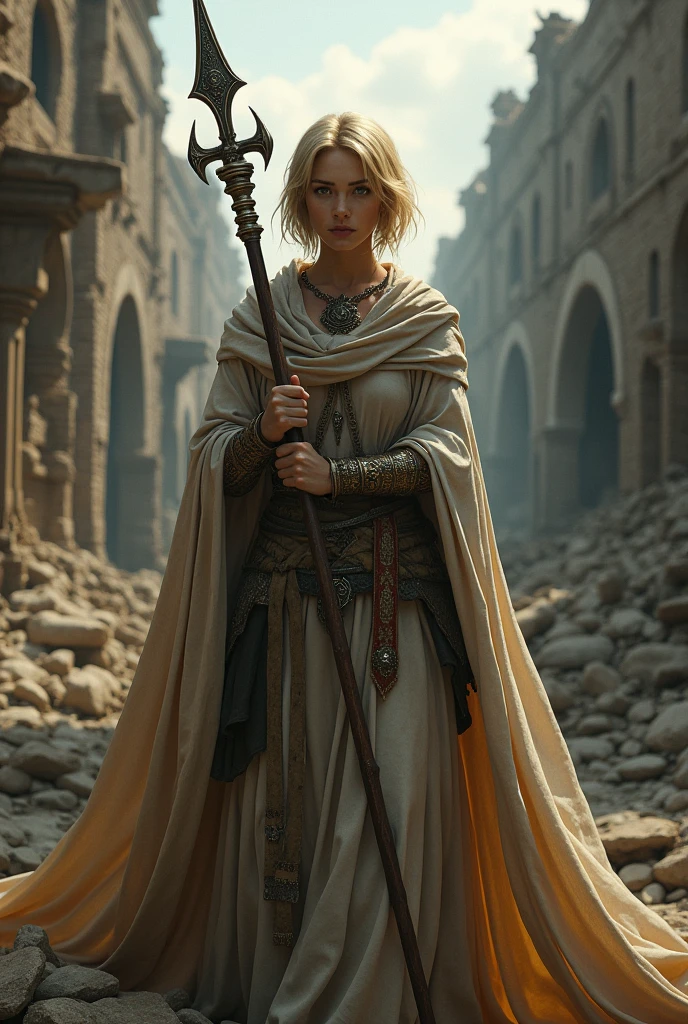 (very aesthetic, best quality, ultra detailed), intricate details,perfect face,masterpiece)

A sacred priestess,blonde,short hair, carries a  In the middle of a destroyed medieval village 