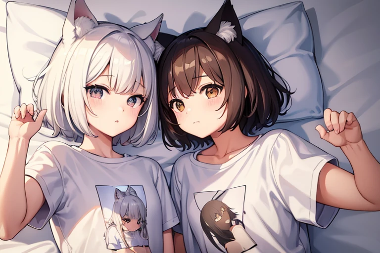 Printed Polaroid Photo\(2females および2人の女の子 cute,cute　Five fingers　Five fingers　Small wolf ears　Small wolf ears　White Shorthair　Brown short hair　Petite　 Petite　Normal chest　Normal chest　first round　T-Shirts　T-Shirts　Background on the bed