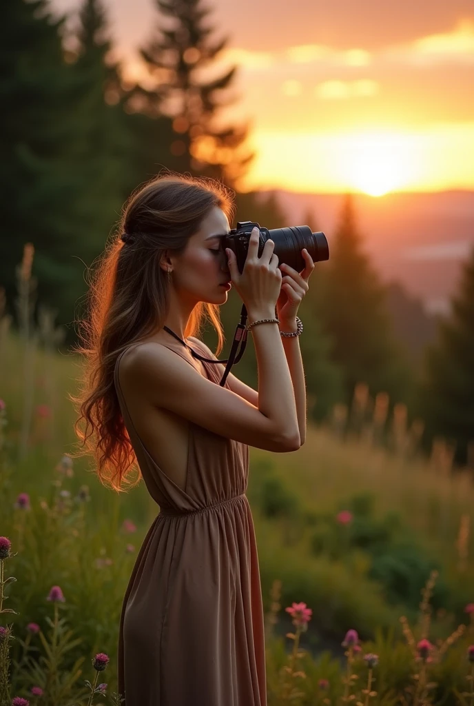 Nature photography album seen by beautiful girl shooting with camera in front of dawn sky