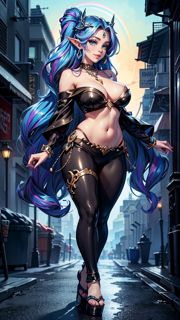 detailed face, detailed eyes, detailed hands, elf woman, full body,,(24-year-old female、Sexy proportions、Sexy、Narrow waist、Wear jewellery on your wrist、Attach a necklace、Wear platform sandals、Side Tail((side drill))、Crystal Earrings((crystal earrings))、A seductive smile((seductive smile))、Headpiece((hair ornament))、Rainbow Hair((rainbow hair))、erotic、Cleavage Emphasis、Wear off-the-shoulder tops、I can see my belly button、Lower milk visible、Wear low rise leggings、Wear platform sandals、Walk through the downtown area at night、sexy pose、Finger Heart sexy pose,elf woman