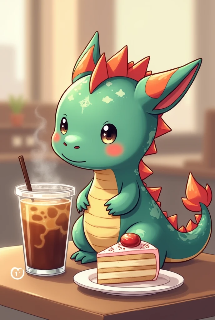 Anime Chibi dragon sipping iced coffee with cake