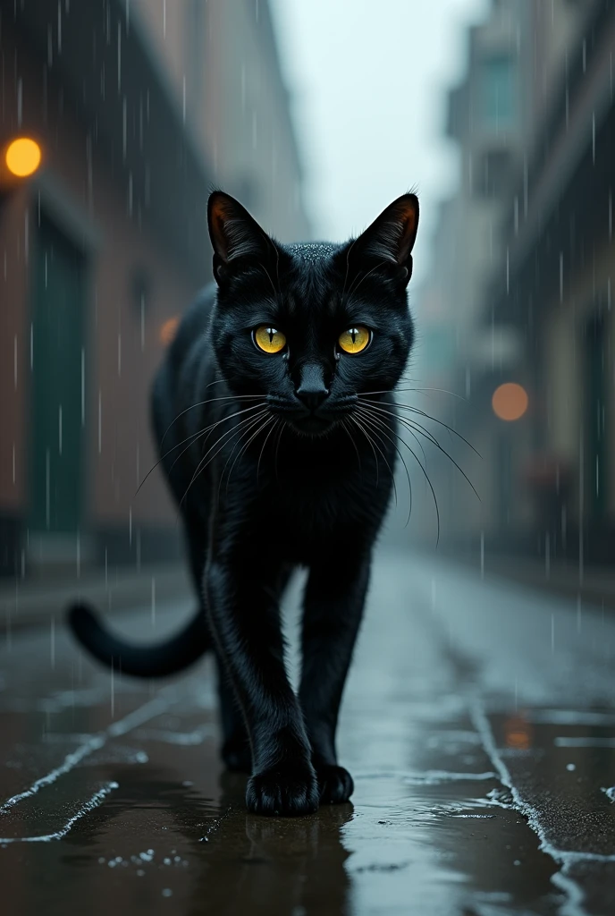 Black cat walking in the rainy day