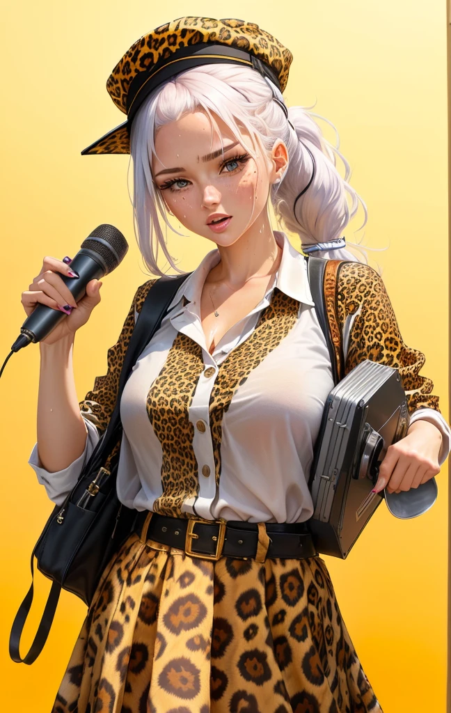 Close-up of a 40-year-old woman wearing a leopard print shirt and hat, Please create an illustration of a beautiful girl holding a loudspeaker and screaming cutely. Sweat. Very hot . Summer .Her hair color is white. Her eye color is blue. Her hair style is ponytail . She is wearing a school uniform. She's on the cliff . She has one foot in front of the other.