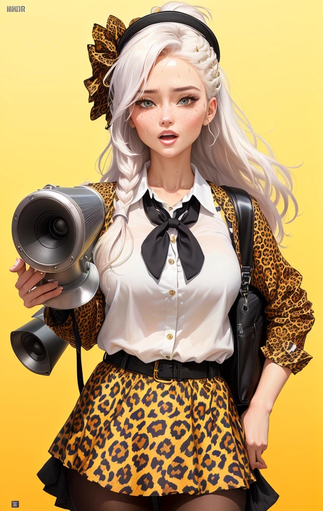 Close-up of a 40-year-old woman wearing a leopard print shirt and hat, Please create an illustration of a beautiful girl holding a loudspeaker and screaming cutely. Sweat. Very hot . Summer .Her hair color is white. Her eye color is blue. Her hair style is ponytail . She is wearing a school uniform. She's on the cliff . She has one foot in front of the other.