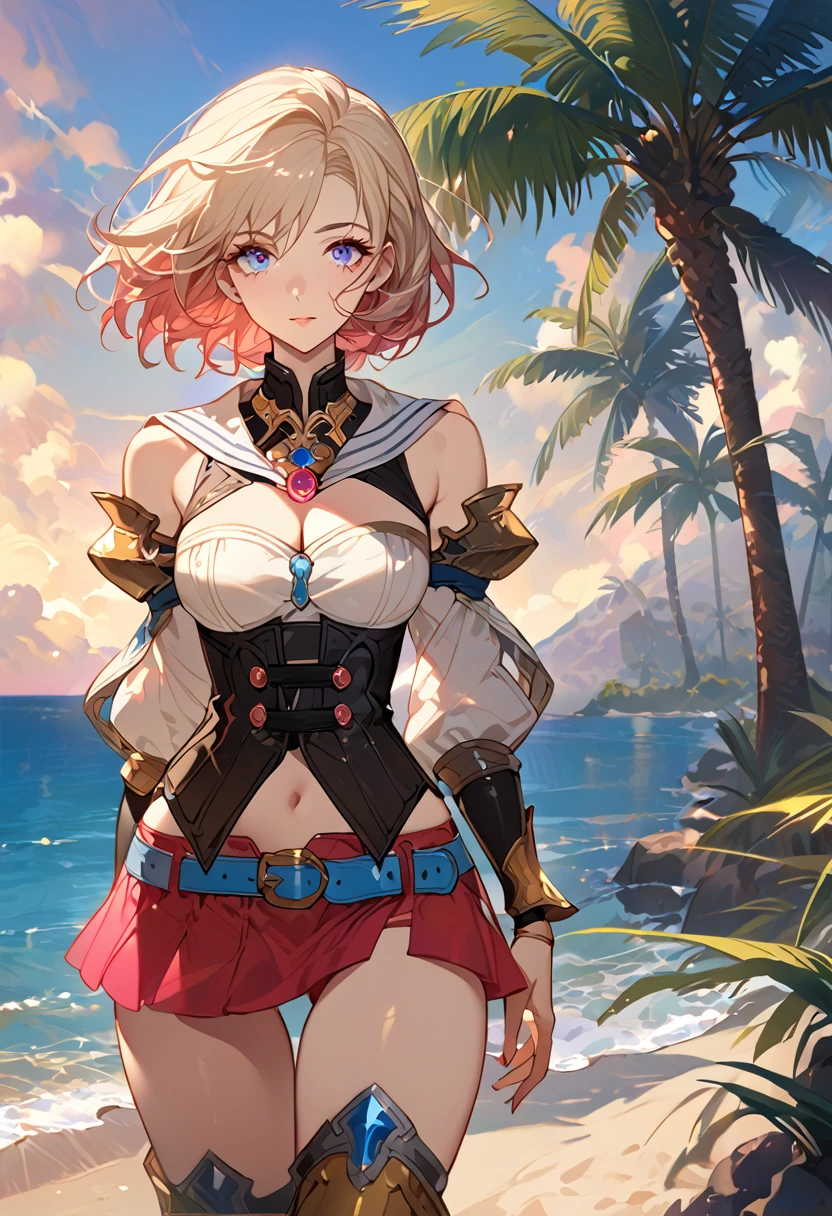 masterpiece, best quality, 8k, 4k, 1girl, ashelia final fantasy xii, Ashelia, short hair, pale blonde hair, blue eyes, white detached sailor like collar, round brooch, gold brooch with pink and blue jewel, white shirt, longer side shirt, cleavage, midriff, detached sleeves, bracer, black corset, corset under shirt, reddish pink skirt, microskirt, extremely tight skirt, super tight skirt, skirt with two slit on the side, blue belt, black high thigh with gold pattern , gold boots, slim body, looking at viewer, standing nicely, wind blowing, finely detailed eyes and detailed face, face detailed, hair detailed, clothes detailed, ((high quality)), extreme detail, beach sand, palm tree, calm water, high hills overlooking the sea, hollowed hills,  inspired by Asukaziye artist : ask, art style : ask