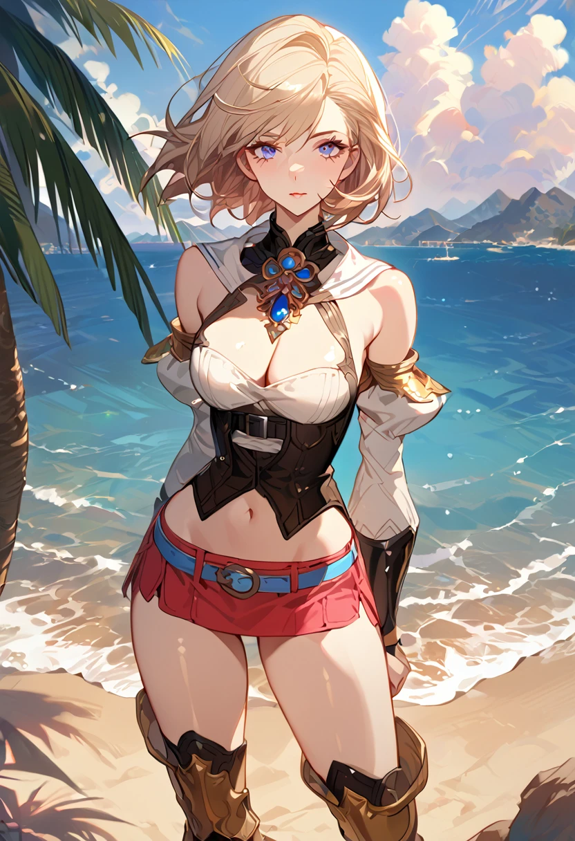 masterpiece, best quality, 8k, 4k, 1girl, ashelia final fantasy xii, Ashelia, short hair, pale blonde hair, blue eyes, white detached sailor like collar, round brooch, gold brooch with pink and blue jewel, white shirt, longer side shirt, cleavage, midriff, detached sleeves, bracer, black corset, corset under shirt, reddish pink skirt, microskirt, extremely tight skirt, super tight skirt, skirt with two slit on the side, blue belt, black high thigh with gold pattern , gold boots, slim body, looking at viewer, standing nicely, wind blowing, finely detailed eyes and detailed face, face detailed, hair detailed, clothes detailed, ((high quality)), extreme detail, beach sand, palm tree, calm water, high hills overlooking the sea, hollowed hills, inspired by Asukaziye artist : ask, art style : ask
