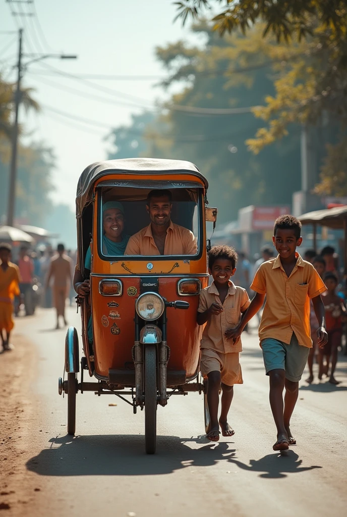 Details: Include a rickshaw passing by with a driver and passenger, one Hindu and the other Muslim, smiling and exchanging greetings. Children of different religions are seen playing together, emphasizing the harmony.