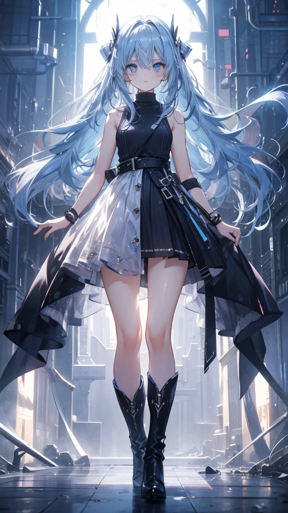 long hair,thin,,Clarity,high-definition,big eyes,Blue Eyes,Facing the audience,beauty,Extremely high image quality,超Clarity的画面,modern style,long boots,Sleeveless sweater