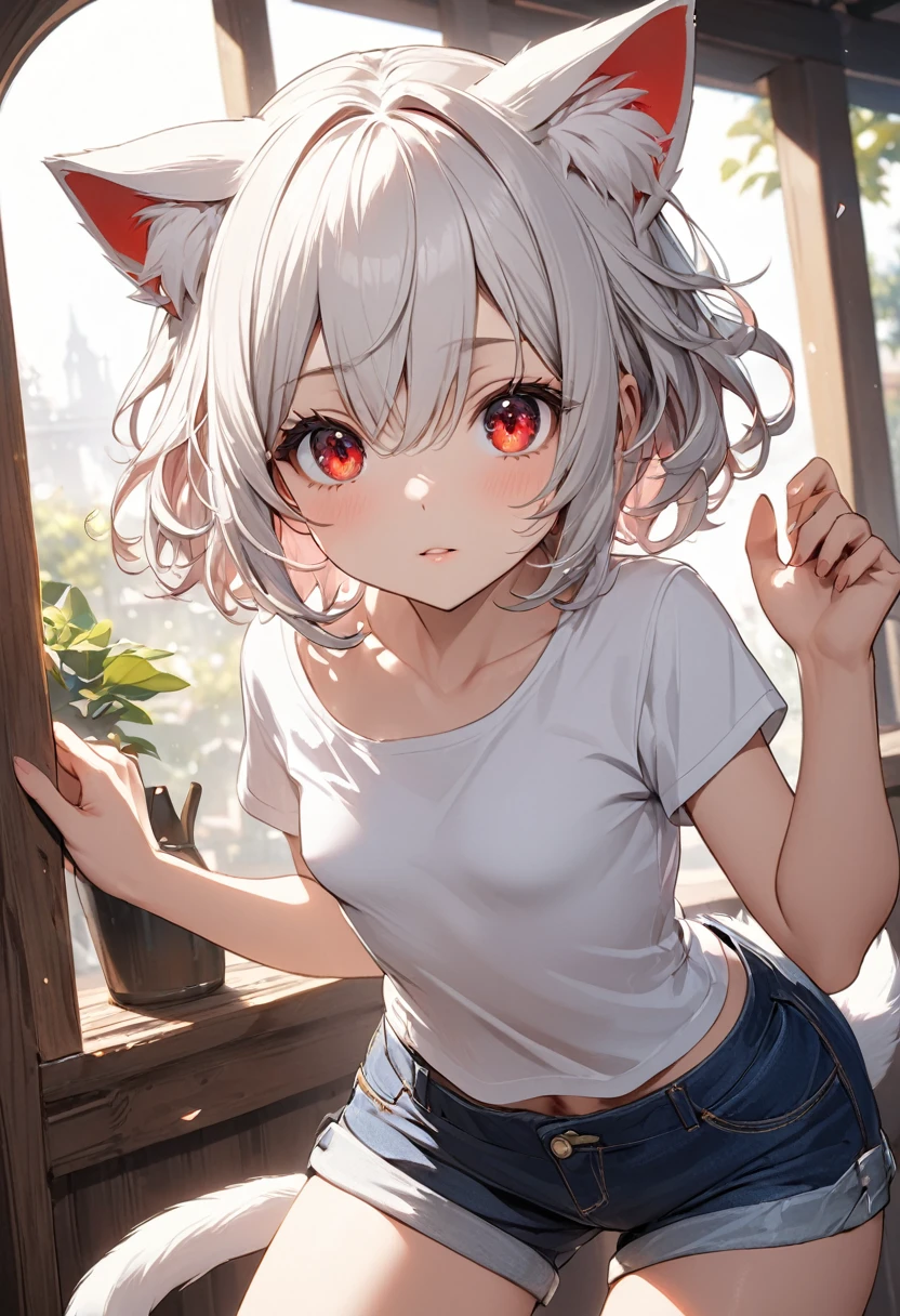 short hair, (Red eyes:1.5), Animal ears, tail, Gray Hair, Shorts, Cat ear, cat tail, Curly Hair, (Small breasts:1.2), break looking at viewer, break outside, break (masterpiece:1.2), Highest quality, High resolution, unity 8k wallpaper, (figure:0.8), (beautiful detailed eyes:1.6), extremely detailed face, Perfect lighting, extremely detailed CG, (Perfect hands, Perfect Anatomy),whole body