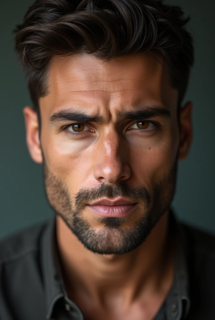 very handsome man with deep eyes, thick brows, the photo was taken by a professional photographer using 70mm prime lens with 2 aperture, the photo is half body the chest shoulder is visible the photo is crystal clear and focus on the man make it appear the photo is candid and natural