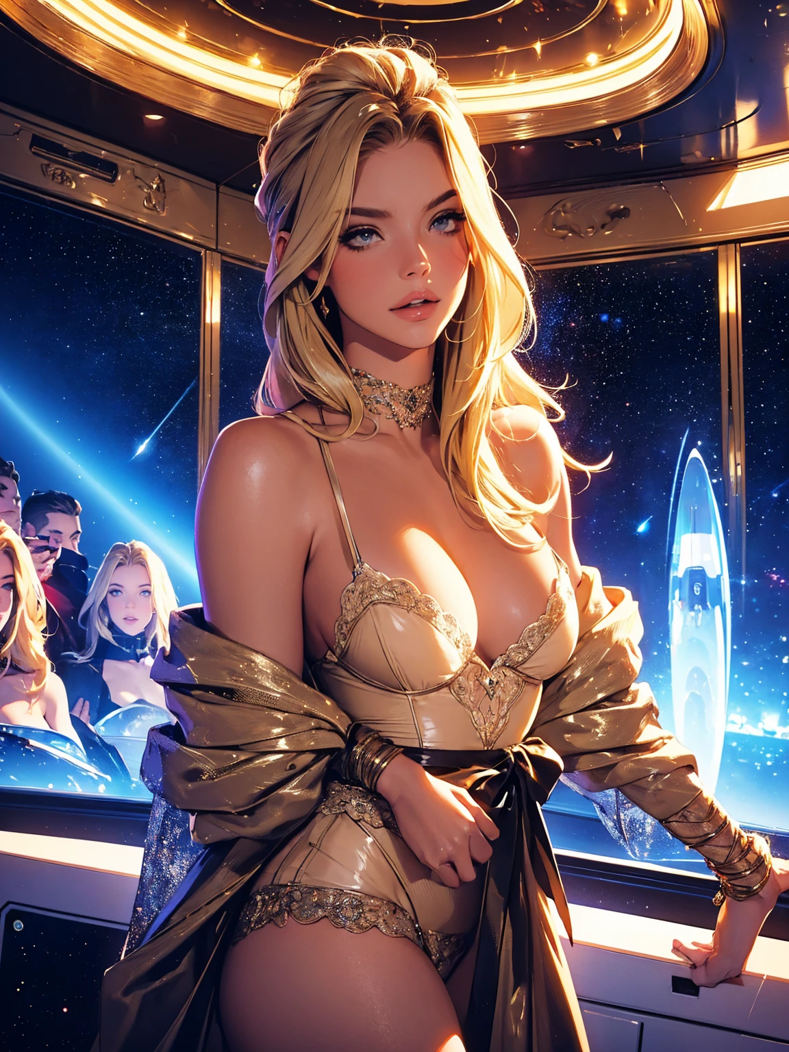 1girl,a beautiful fashion model ,(masterpiece, detailed background, best quality), shiny shoulder length hair, light blonde hair with blonde highlights dark roots, ,smirk,juicy lips, full lips, calmart, lingerie, stripping, elegant makeup, sci fi environment,(space cruise), (space cowboy)