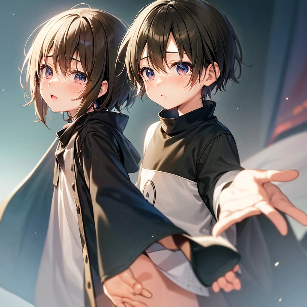 Anime little boy waving goodbye while tears roll down eyes. Only show top half of body. Face facing towards camera. Zoom more towards face