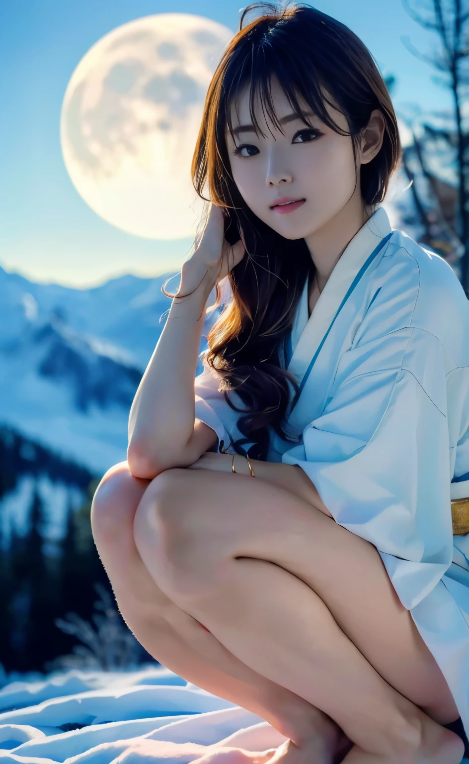(((Perfect limbs and body with detailed depictions of the limbs based on perfect anatomy, no extra arms))),4k shooting captures the essence of movement,First Person,(((白い薄い和服を着て夜に雪山の岩に手を前に揃えて立ってこちらを見ている美Shii雪女))),(((In the moonlight of a late-night snowfall, a snow woman in a white kimono is gazing intently at me with her chin pulled back.))),(((masterpiece))),色白の透き通るような美Shii肌に柄の無い純白の着物が映えます,Stand with your chin tucked and your knees together,((Full-body 4K profile shot of bare feet with the moon in the background)),20-year-old, Glossy long chestnut hair is sexy,((Gravure photoshoot in the snowy mountain forest)),Long eyelashes,Big eyes,double eyelid,((Glossy red and thick lips)),Deep depth of field photography with Hasselblad,Outdoor detailed background,Best image quality,Professional perspective,素晴らShiiディテール,Ultra-high resolution,Realistic:1.4,Attention to detail,The beauty is concentrated on one girl.,栗色の美Shiiロングヘアーが風になびく,繊細で鼻が高く美Shii顔,Long limbs like a model,Tight waist,チラ見えする白い肌が眩Shii,Dramatically God々Shii,Creating a cinematic aura,青白く光る美Shii瞳,