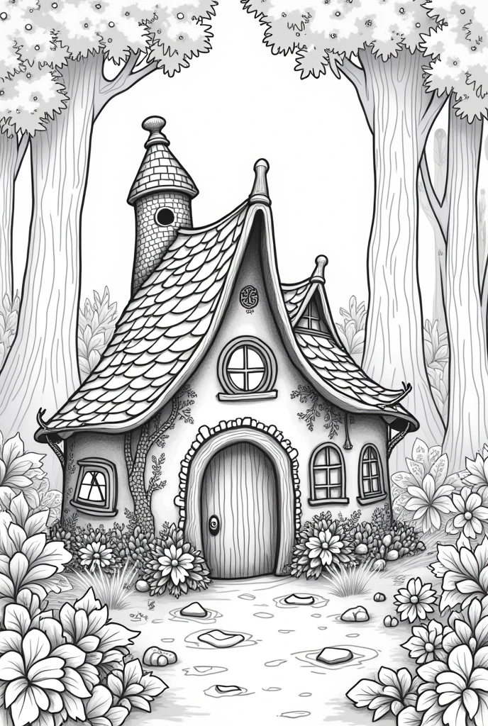 Fairy house nature background high details black and white coloring books pages