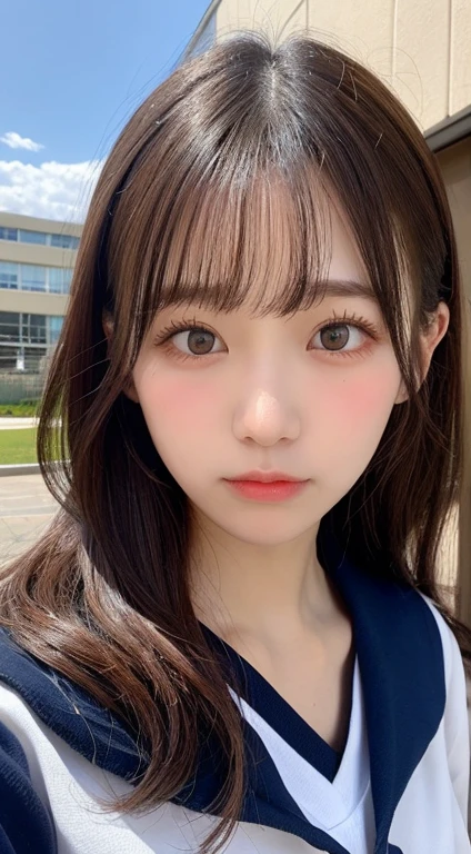 Wearing a high school sailor suit。My lashes are long、Puffy lips raised in a wide angle