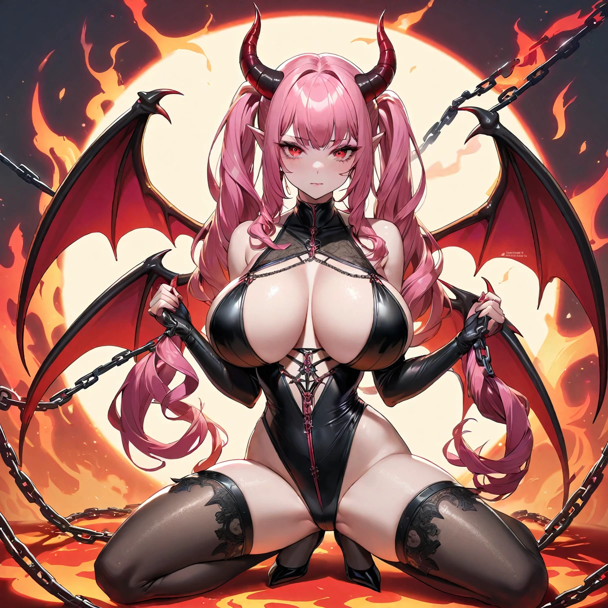 a horned demoness wearing an succubus dress is tied down with chains, her wings tied behind her back, pink long hair, red eyes, expressionless, long twintails cut, looking at viewer, fire in background, chromatic aberration, demon horns, succubus, goddess, lingerie, devil, huge breast, wavy hair, sexy, red and black costume color, full body, detailed costume