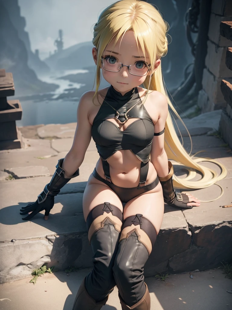 Riko from made in abyss wearing sexy black thigh-high stockings, a top, and black boots that reach her knees, she is wearing underwear