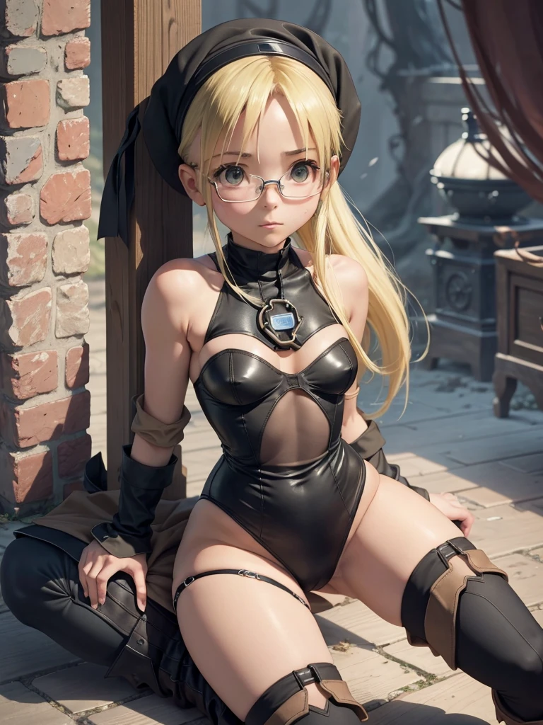 A girl with Blonde hair, thin body, wide hips, a lot of pubic hair on her pussy, a collar around her neck, A pigtails hairstyle, Tampons covering only the nipples, tight thong panties, a cloak-style cape, (Tight stockings on the thighs, High quality, high resolution, 4k texture)